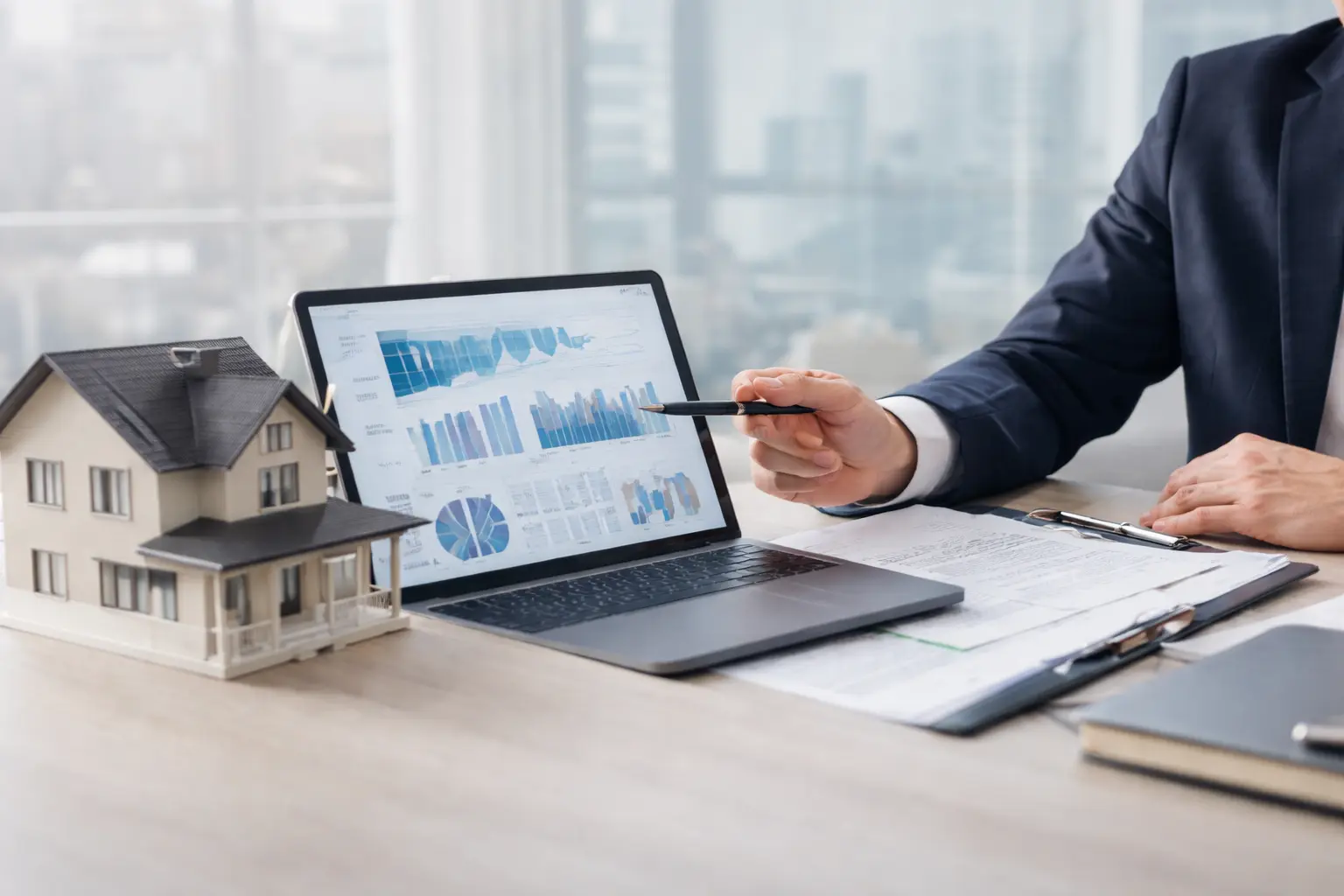 Person zeigt auf Analysen am Laptop