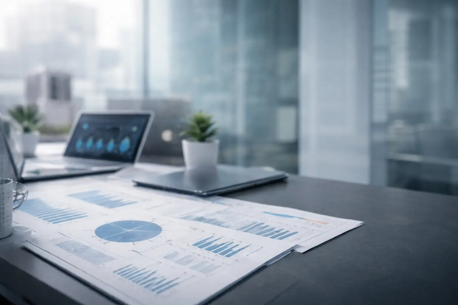 Unterlagen und Laptop auf einem Schreibtisch